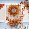 Artificial Orange Autumn Wreath with Pumpkin Berries Eucalyptus Maple Leaf Wreath for Front Door Window Wall Thanksgiving Harvest Festival Decor